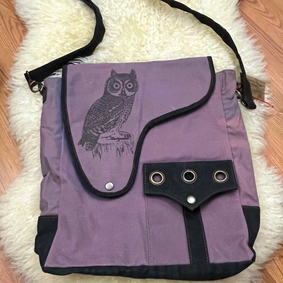 backroads textiles Handbags - Backroads Textiles Handcrafted Large Purple Boho Owl Crossbody Bag NWT